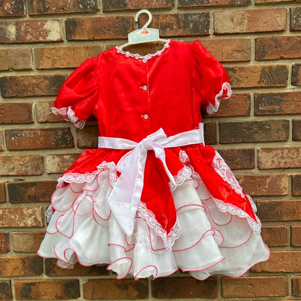 Vintage Baby Girls 90s White & Red Ruffle Lace and Tiered Frilly Lace Dress - Picture 4 of 14